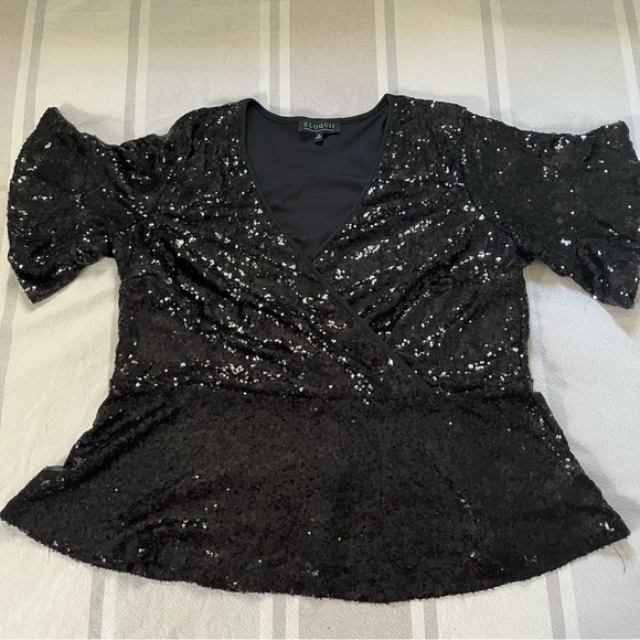 Eloquii Black Sequin V Beck Peplum Top - Picture 2 of 6